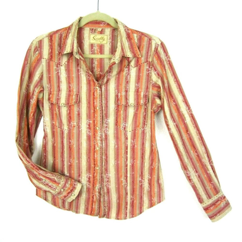 Scully Women's M Pearl Snap Top Beige Red Orange